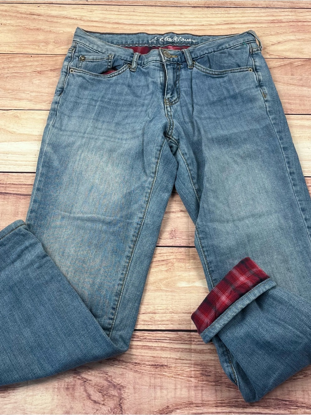 Eddie Bauer Boyfriend Flannel-Lined Jeans Women 2 Petite 2P 30x27.5 Blue Relaxed
